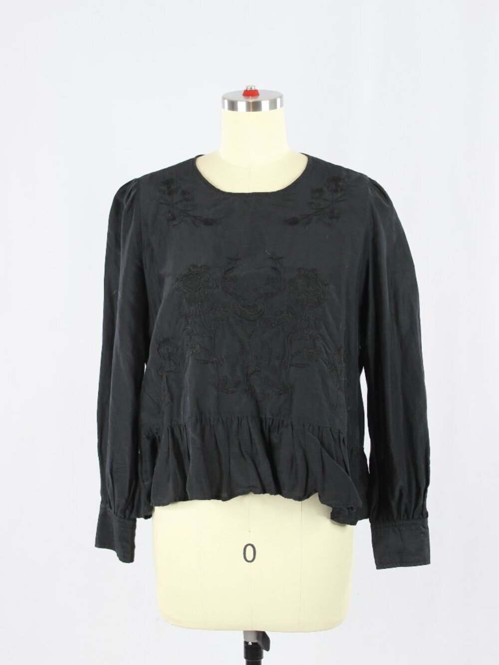 ZARA Black Floral Embroidered Cotton Silk Voile Peasant Peplum Blouse, Size S